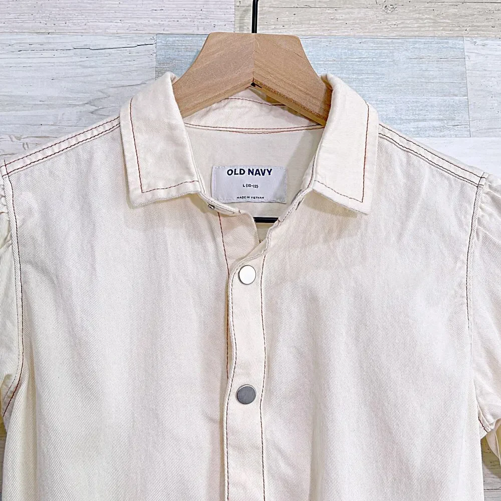 Old Navy Puff Sleeve Button Front Romper Cream Cotton Casual Girls Large 10 12